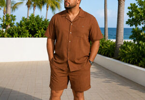 Bagazio Mens 3X Brown 2-Piece Resort Camp Shirt & Shorts Matching Set